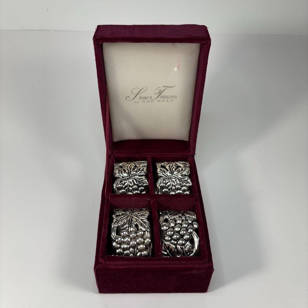 Godinger silver plate napkin rings in burgandy felt storage box vintage